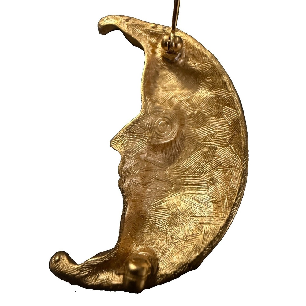 Vintage Gold Tone Man in the Moon Brooch Crescent Face Celestial Statement Pin - Picture 3 of 3